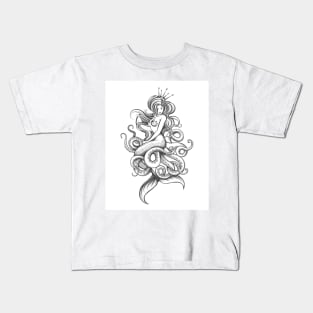 Mermaid and Octopus Drawn in Engraving Style Kids T-Shirt